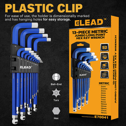 ELEAD 13Pc Extra Large Hex Key Set Long Allen Key Wrench Ball End Metric 2-19mm.