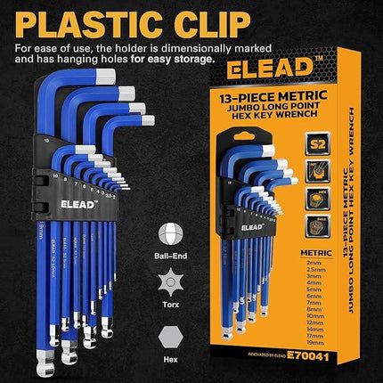 ELEAD Jumbo Hex Key Allen Wrench Set | 13-Piece Metric 2-19mm | Long Ball End Durable CR-V | Automotive | Mechanic | Furniture | Professional Grade Tools.