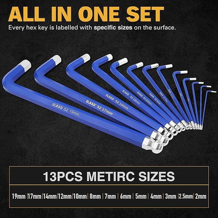 ELEAD Jumbo Hex Key Allen Wrench Set | 13-Piece Metric 2-19mm | Long Ball End Durable CR-V | Automotive | Mechanic | Furniture | Professional Grade Tools.