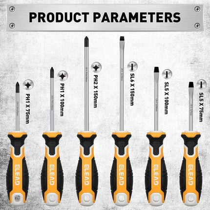ELEAD 6Pcs Magnetic Screwdriver Set Phillips Slotted Non-Slip Handle Crv.