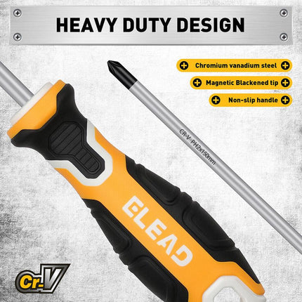 ELEAD 6Pcs Magnetic Screwdriver Set Phillips Slotted Non-Slip Handle Crv.