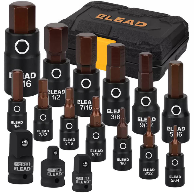 16Pc SAE Hex Bit Impact Socket Set 5/64"-9/16" Allen Socket Set Socket Adapter.