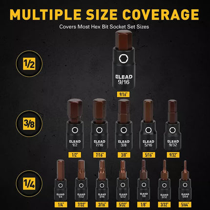 16Pc SAE Hex Bit Impact Socket Set 5/64"-9/16" Allen Socket Set Socket Adapter.