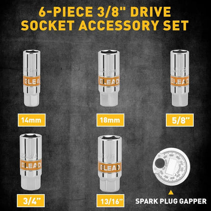 6Pcs 3/8" Drive Spark Plug Socket Set Spark Plug Gapper SAE & Metric CR-V Socket.