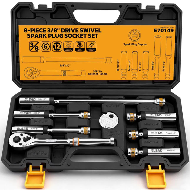 8-Piece 3/8" Drive Magnetic Swivel Spark Plug Socket Set Spark Plug Removal Tool.