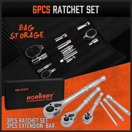 Mini Ratchet Spanner 1/2 3/8 1/4 Drive 90 Tooth Extension Bar Workshop With Bag.