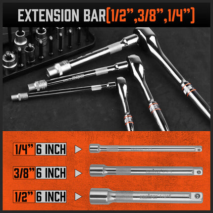 Mini Ratchet Spanner 1/2 3/8 1/4 Drive 90 Tooth Extension Bar Workshop With Bag.