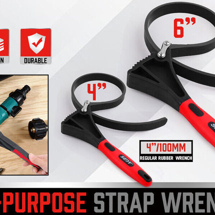 2x Rubber Strap Wrench Adjustable DIY Plumber Jars Hose Pipe Oil Filter Opener.