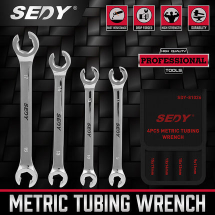 SEDY 4Pc Flare Nut Wrench Set Offset End Spanner Metric CR-V Steel Storage Pouch.