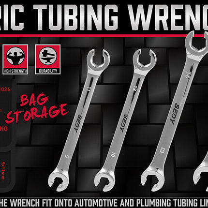 SEDY 4Pc Flare Nut Wrench Set Offset End Spanner Metric CR-V Steel Storage Pouch.