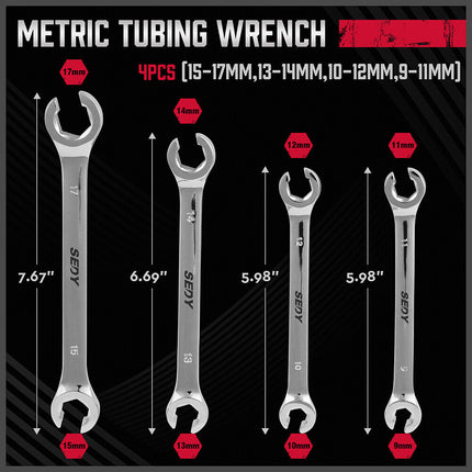 SEDY 4Pc Flare Nut Wrench Set Offset End Spanner Metric CR-V Steel Storage Pouch.
