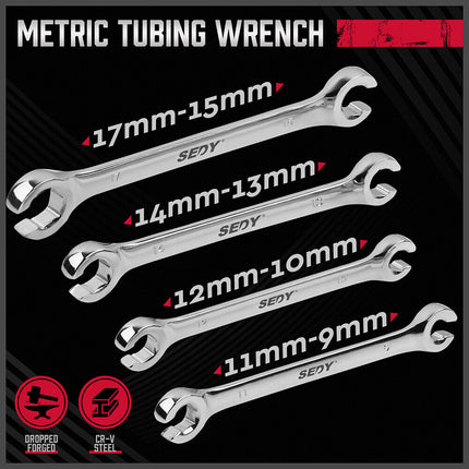 SEDY 4Pc Flare Nut Wrench Set Offset End Spanner Metric CR-V Steel Storage Pouch.