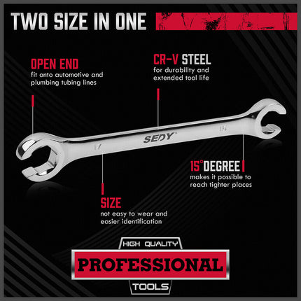 SEDY 4Pc Flare Nut Wrench Set Offset End Spanner Metric CR-V Steel Storage Pouch.