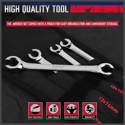 SEDY 4Pc Flare Nut Wrench Set Offset End Spanner Metric CR-V Steel Storage Pouch.