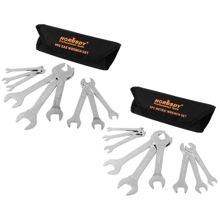 HORUSDY Super Thin 18Pc Wrench Set Open End Spanner 3mm CRV Metric & SAE w Pouch.