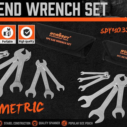HORUSDY Super Thin 18Pc Wrench Set Open End Spanner 3mm CRV Metric & SAE w Pouch.