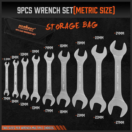HORUSDY Super Thin 18Pc Wrench Set Open End Spanner 3mm CRV Metric & SAE w Pouch.