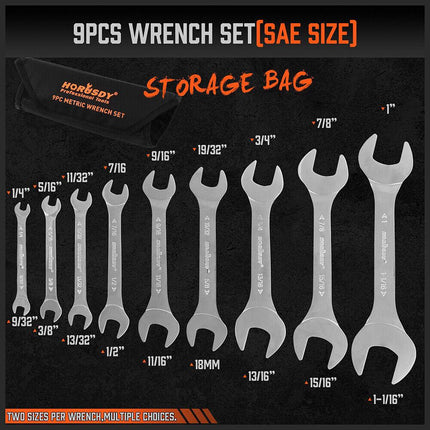 HORUSDY Super Thin 18Pc Wrench Set Open End Spanner 3mm CRV Metric & SAE w Pouch.