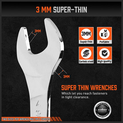 HORUSDY Super Thin 18Pc Wrench Set Open End Spanner 3mm CRV Metric & SAE w Pouch.
