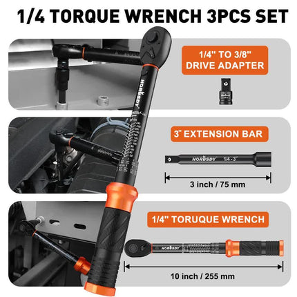 3Pc 1/4" Drive Click Torque Wrench Ratchet Socket Adaptor Extension WorkShop.