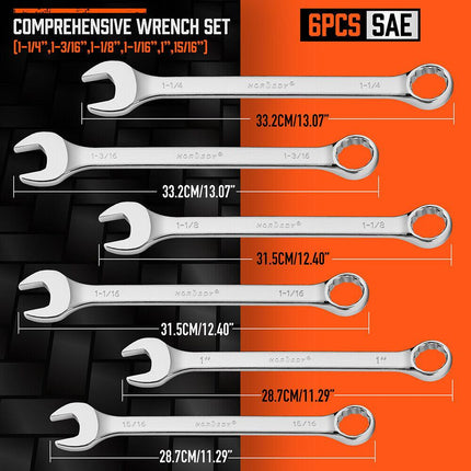 6Pc Extra Big Imperial Combination Spanner Ring Open Ended Combo Wrench Work.