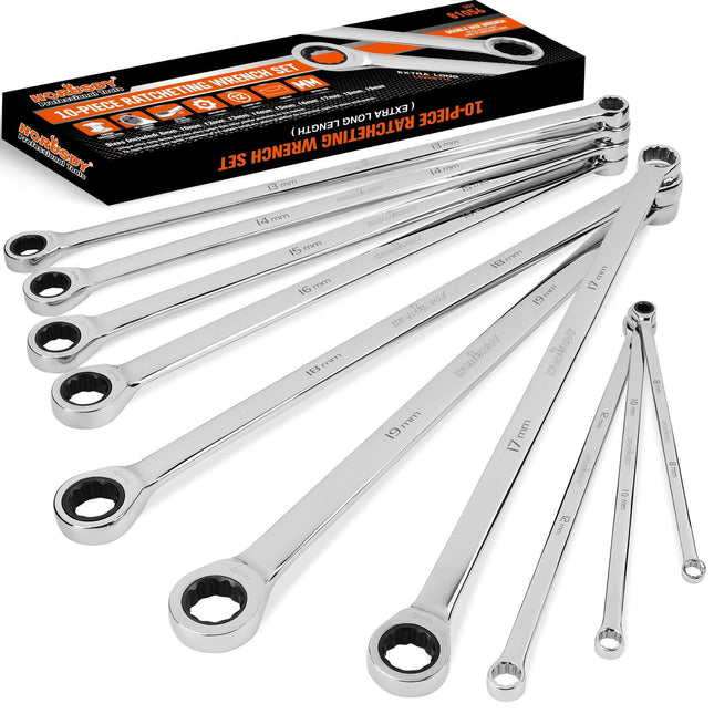 HORUSDY 10Pc Extra Long Ratchet Spanner Set Aviation Double End 8-19mm w/t Pouch.