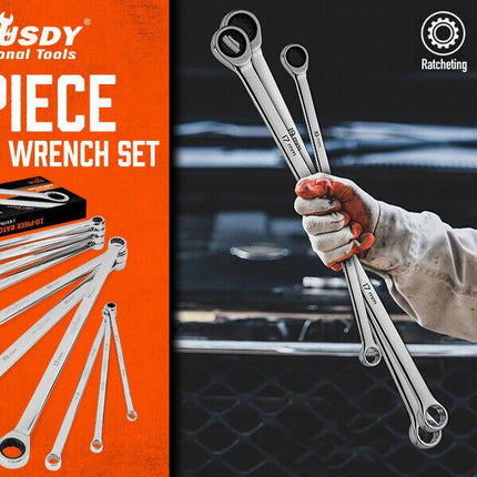 HORUSDY 10Pc Extra Long Ratchet Spanner Set Aviation Double End 8-19mm w/t Pouch.