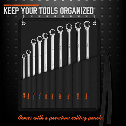 HORUSDY 10Pc Extra Long Ratchet Spanner Set Aviation Double End 8-19mm w/t Pouch.