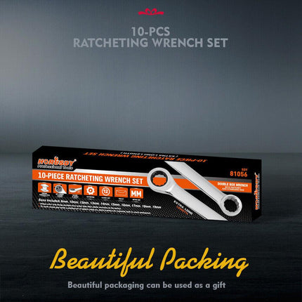 HORUSDY 10Pc Extra Long Ratchet Spanner Set Aviation Double End 8-19mm w/t Pouch.