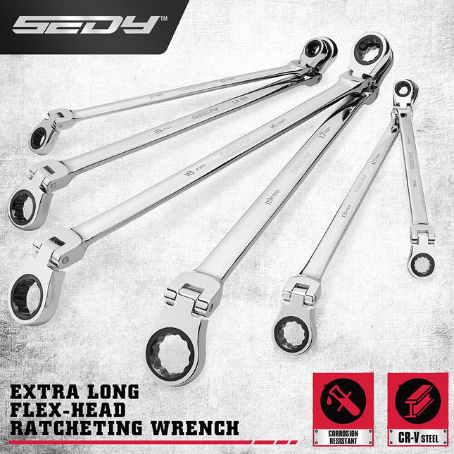 SEDY 6Pcs Extra Long Flex-Head Ratchet Spanner Set Double Box End Spanner 8-19mm.