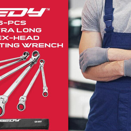 SEDY 6Pcs Extra Long Flex-Head Ratchet Spanner Set Double Box End Spanner 8-19mm.