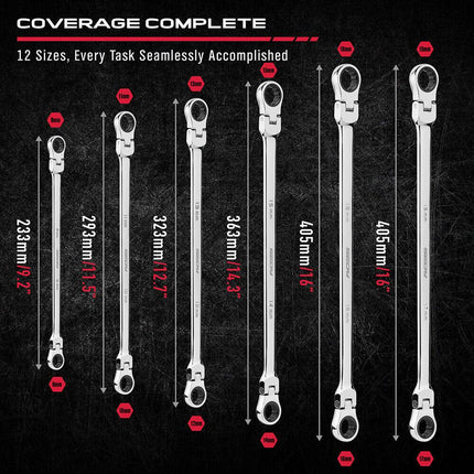 SEDY 6Pcs Extra Long Flex-Head Ratchet Spanner Set Double Box End Spanner 8-19mm.