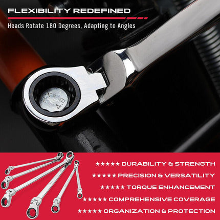 SEDY 6Pcs Extra Long Flex-Head Ratchet Spanner Set Double Box End Spanner 8-19mm.