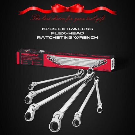 SEDY 6Pcs Extra Long Flex-Head Ratchet Spanner Set Double Box End Spanner 8-19mm.