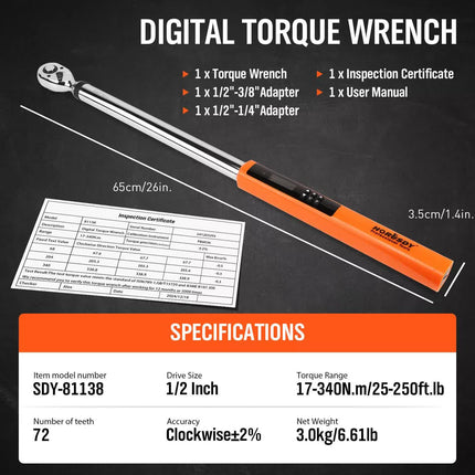 3Pc 1/2" Digital Torque Wrench Set Adjustable 17-340N.m / 25-250ft.lb Motorcycle.