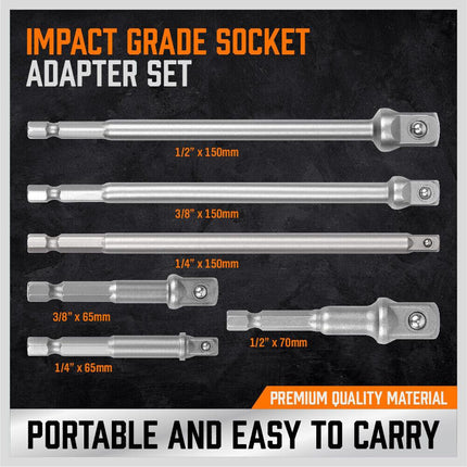 6Pc Drill Socket Adapter Set Long Short Combination Extension Impact Nut Driver.