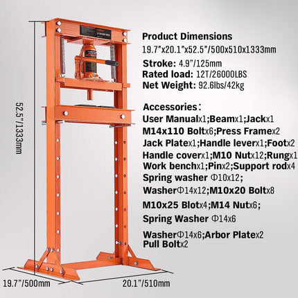 HORUSDY 12T Hydraulic Shop Press Bending H-Frame Benchtop Jack Stand Heavy Duty.