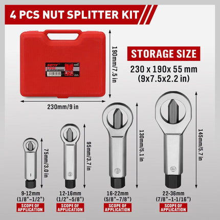 SEDY 4Pcs Metal Nut Splitter Kit Pressure Nut Cracker Remover Extractor Tool.