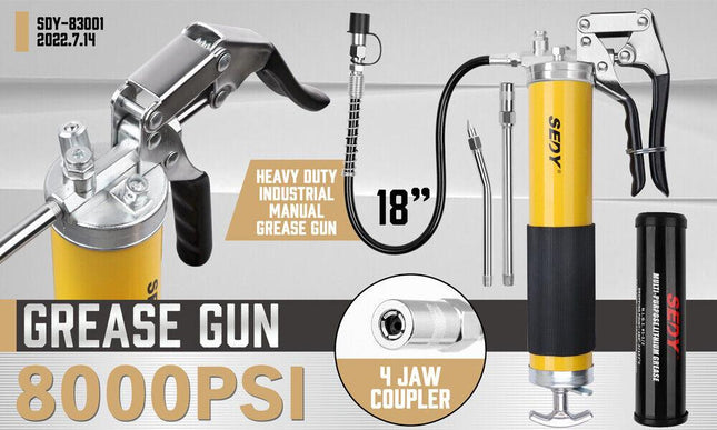 18inch Grease Gun 8000PSI Pistol Grip Flex Hose Heavy Duty Barrel With Cartridge.