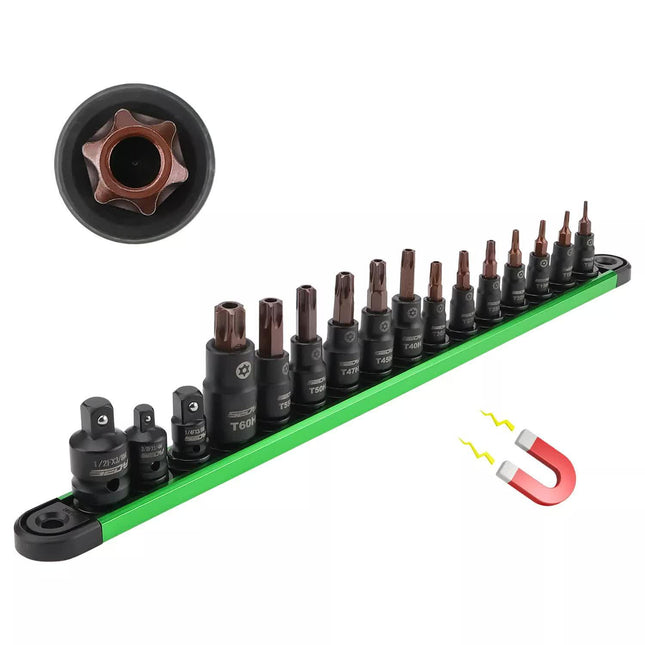 16-Piece Torx Star Bit Socket Set Magnetic Socket Rail Organizer T8-T60 Adapters.