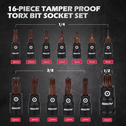 16-Piece Torx Star Bit Socket Set Magnetic Socket Rail Organizer T8-T60 Adapters.