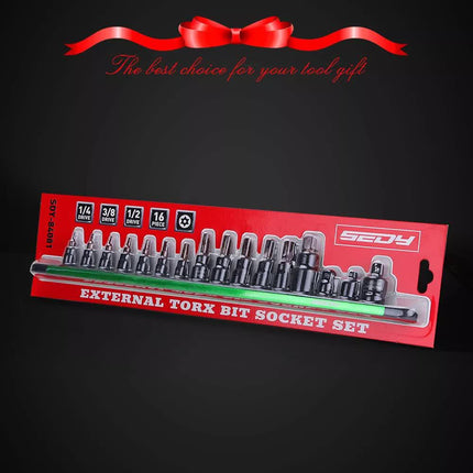 16-Piece Torx Star Bit Socket Set Magnetic Socket Rail Organizer T8-T60 Adapters.