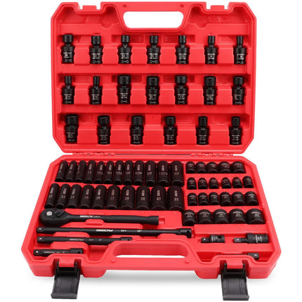 71-Pieces 3/8" Drive Master Impact Socket Set SAE Metric Universal Joint Adapter.