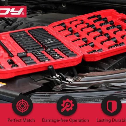 71-Pieces 3/8" Drive Master Impact Socket Set SAE Metric Universal Joint Adapter.