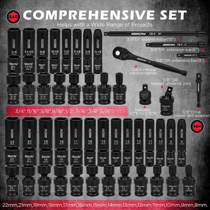 71-Pieces 3/8" Drive Master Impact Socket Set SAE Metric Universal Joint Adapter.
