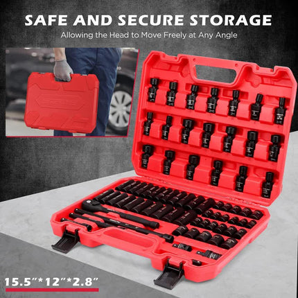 71-Pieces 3/8" Drive Master Impact Socket Set SAE Metric Universal Joint Adapter.