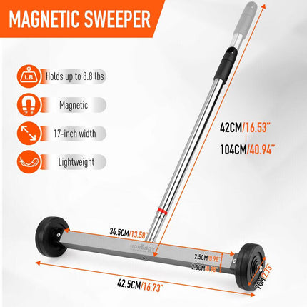 17inch Telescoping Magnetic Sweeper Magnet Broom Rolling Pick Up 8.8Lbs Portable.
