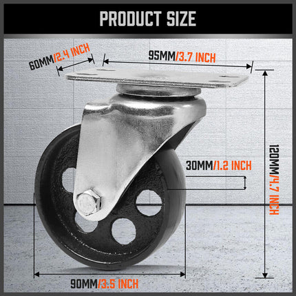 4Pc 3.5'' Heavy Duty Steel Castor Wheel Swivel Caster 500KG/EA Loading Capacity.