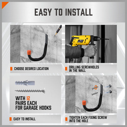 HORUSDY 6Pc Wall Mount Garage Hooks Set Heavy Duty Steel Storage Rack Hanger.