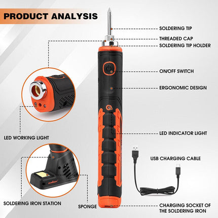HORUSDY 8W 4V Max Cordless Soldering Iron Rechargeable with Lithium-Ion Battery.